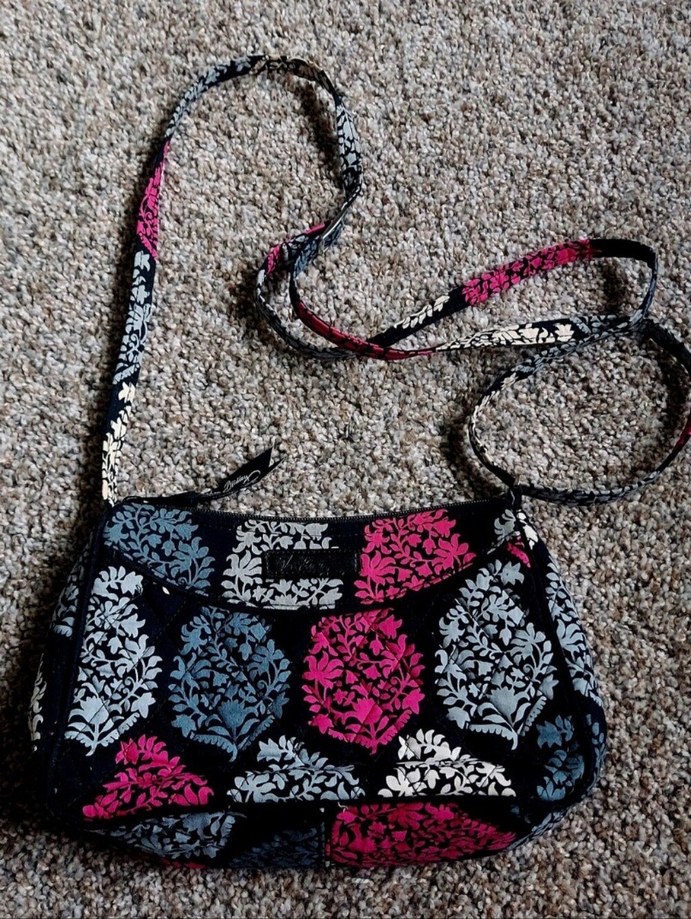 Vera Bradley Women’s Black Floral Crossbody Bag with Pink and Gray Accents